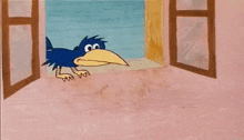 a blue bird with a yellow beak is looking out a window