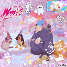 a picture of a man surrounded by animals with the words good night sweet dreams on the bottom
