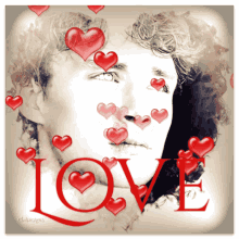 a drawing of a man with hearts around his face and the word love