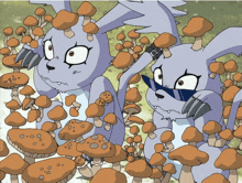 two cartoon rabbits are surrounded by mushrooms and one has a watch on his wrist