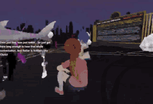 a cartoon character is talking to another character in front of a large screen