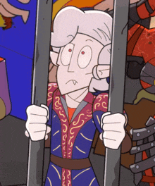 a cartoon of a man behind bars with the letter s on his shirt