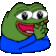 a pixel art of a green frog wearing a blue sweater and covering its mouth .