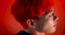 a close up of a person 's face with red hair .