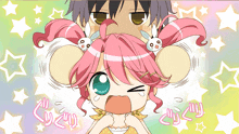 a girl with pink hair is being held by a man