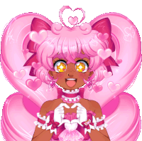 a drawing of a girl with pink hair and hearts around her