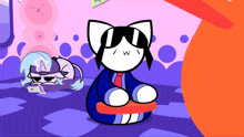 a cartoon cat wearing sunglasses and a tie with the letter a on its head