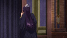 a woman with purple hair is standing in front of a purple wall