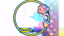 a cartoon character in a circle with ikea in the corner