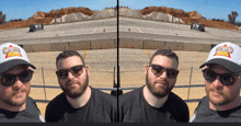 two men wearing sunglasses and a send it hat