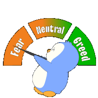 a penguin is pointing at a gauge that says fear neutral greed