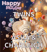 a birthday card for twins asha and charleigh with a cake and confetti