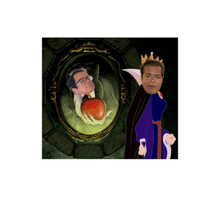 a man with glasses and a crown is standing next to a mirror with a picture of a man in an apple