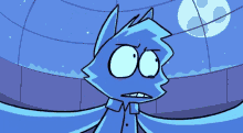 a cartoon of a blue cat with big eyes and a purple moon in the background