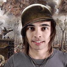 a young man wearing a helmet stands in front of a war scene