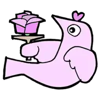 a pink bird with a heart on its head is holding a purple rose