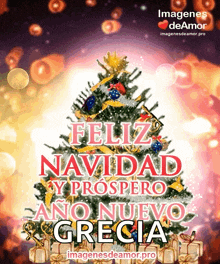 a christmas tree with the words feliz navidad y prospero ano nuevo grecia