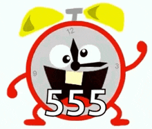 a cartoon alarm clock with arms and legs and the number 555 on it