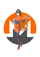 a woman with long hair is holding a tablet and a cup of coffee in front of a m logo