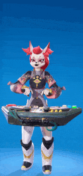 a cartoon character with red hair is standing in front of a keyboard