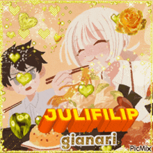 a picture of a girl and a boy eating noodles with the name julifilip gianari