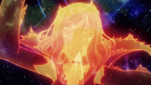 a drawing of a woman surrounded by flames with a colorful background