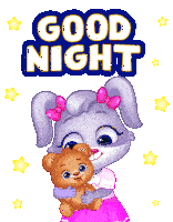 a cartoon of a girl holding a teddy bear with the words good night above her