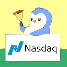 a cartoon penguin is holding a bell and a sign that says nasdaq