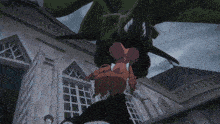 a dragon is flying in front of a building with the words nids sama written on the bottom