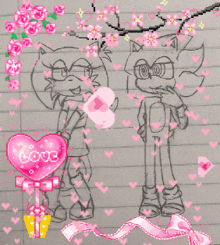 a drawing of a boy and a girl with a pink heart that says love on it