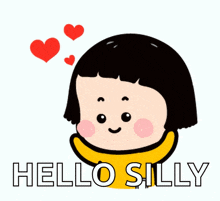 a cartoon girl with short hair is surrounded by hearts and the words hello silly