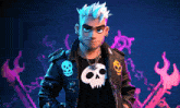 a cartoon character wearing a leather jacket and a skull shirt