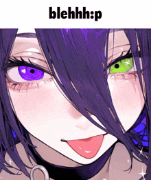 a girl with purple hair and green eyes is sticking her tongue out and says blehhhp