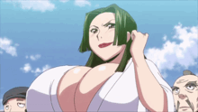 a woman with large breasts is standing in front of a group of people