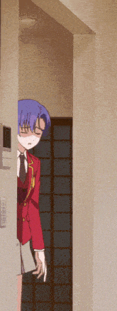 a girl with blue hair is standing in a hallway next to a telephone that says tokyopop