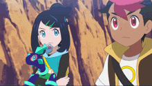 a boy and a girl are standing next to each other in a cartoon with the letters k and x on the bottom right