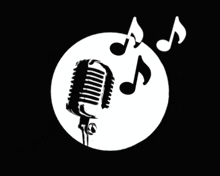 a black and white drawing of a microphone with music notes in the background