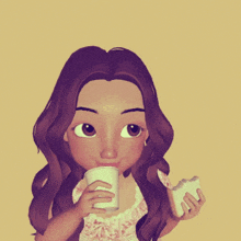 a cartoon girl is drinking from a cup and holding a piece of cake