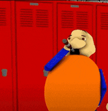 a cartoon character is sitting on a large orange ball in front of red lockers