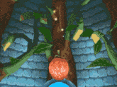 a cartoon drawing of a tree with leaves and a red fruit