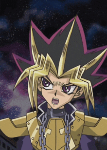 a close up of a cartoon character with a purple eye