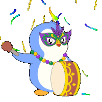 a penguin wearing a mask and a necklace is holding a drum