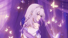 a girl with purple hair and a tiara on her head