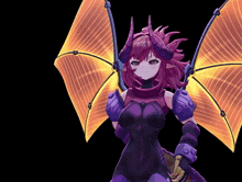a purple and orange anime character with horns and wings on a black background
