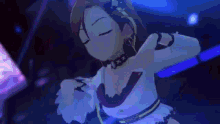 a girl in a white dress is dancing in a dark room with blue lights behind her .