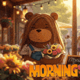 a cartoon of a bear holding a bouquet of flowers with the words morning written below it