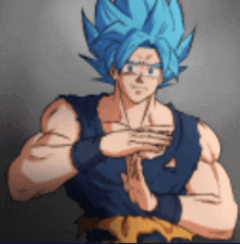 a cartoon character with blue hair is making a gesture with his hands