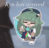 a cartoon drawing of a girl with the words kyu has arrived