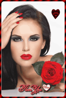 a woman holding a red rose with the words i love you written on the bottom