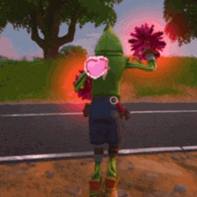 a person in a green jacket with a heart on the back